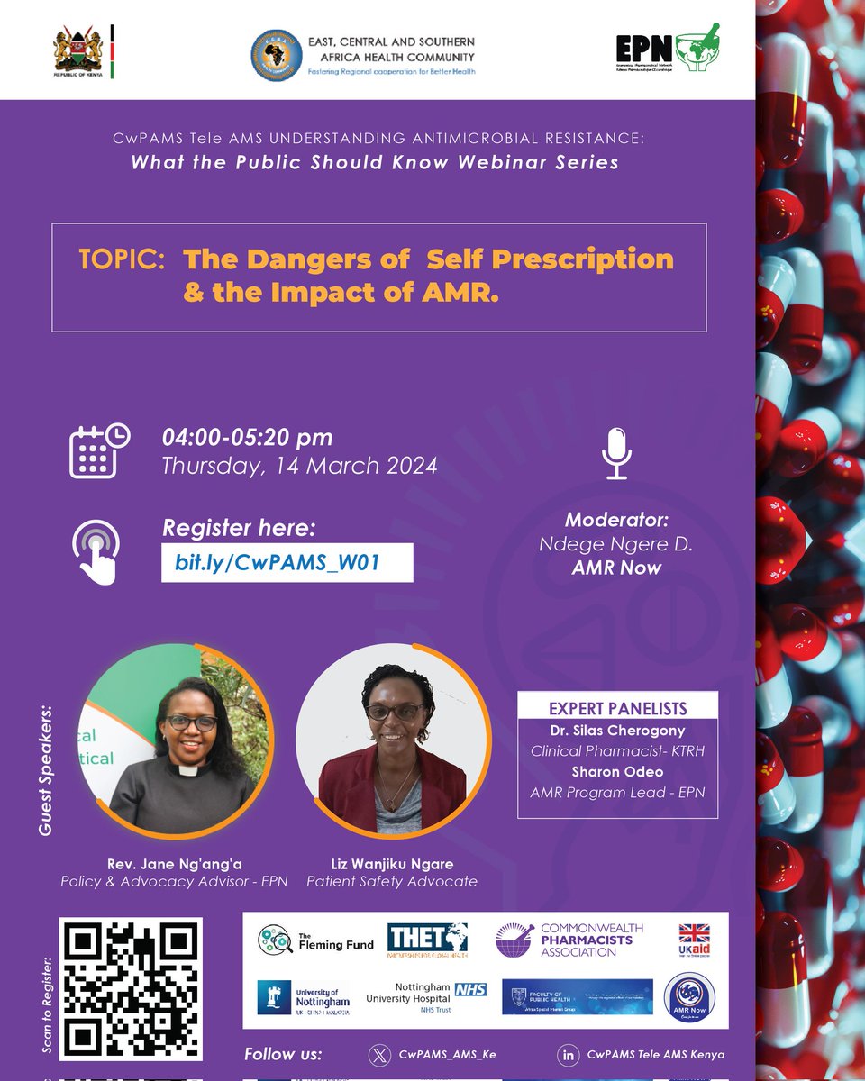 🏮 Join us for an informative webinar tackling the pressing issues surrounding self-prescription and the escalating emergence of #AntimicrobialResistance 🗓️ Thur , Mar 14, 2024 🕓 04:00-05:20 pm Nairobi, GMT+3 📍 bit.ly/CwPAMS_W01 See you there 🫵🏽 #AMR #ActNow #CwPAMS