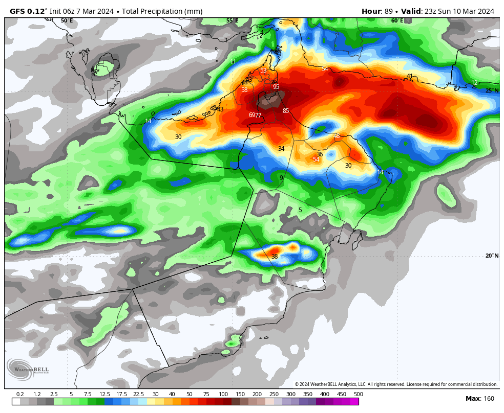 تحديث! توقعات تراكم هطول الأمطار بمشيئة الله تعالى من النموذج الأمريكي للحالة الجوية #اخدود_الريان ابتداء من اليوم حتى الأحد القادم والله أعلم.