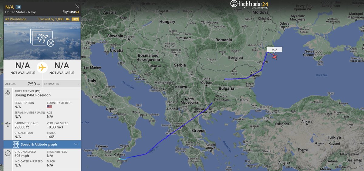 alternativewip's tweet photo. #USNavy P-8A poseidon on the flight radar departure from sigonella naval base italy, flight currently circling over the usual spot to the east of romania at the coast with the black sea. #AE6898 https://t.co/53Vz1tdtvU