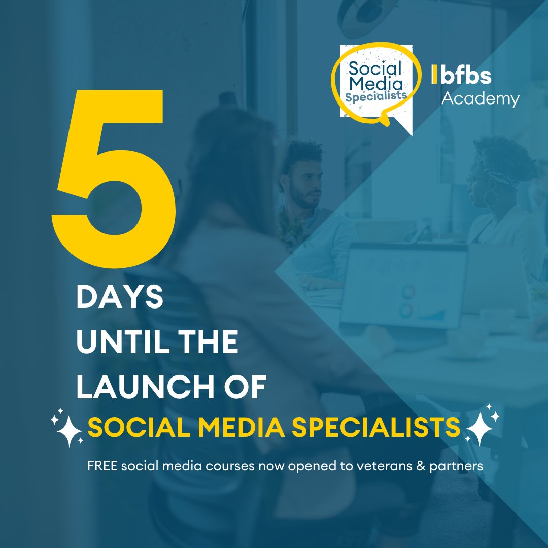 FIVE days to go until we launch SMSpecialists 🎉 SMSpecialists = Social Media Specialists 💡 Seven courses that are open to partners of UK military personnel, veterans, and their partners 🤝