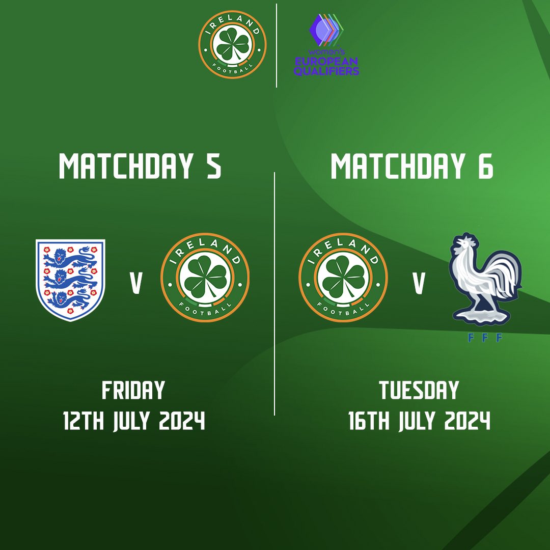 CONFIRMED | The fixture dates for our upcoming <a href="/WEURO/">WEURO 2025</a> Qualifiers 🗓️ 

Our home games against England and Sweden will be in the <a href="/AVIVAStadium/">AVIVA Stadium</a> 🙌

With the Aviva Stadium unavailable in July, a venue for France game will be confirmed soon.

#COYGIG | #WEURO2025