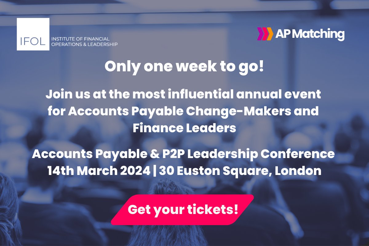 statementrecs's tweet photo. Just one week left until the Accounts Payable and P2P Leadership Conference, London on March 14th.  APMatching is excited to meet you there! 

Get your tickets now 👉https://t.co/Pwcgq9Gsxl

#ifolevents #financeconference #financeevent #APMatching #APAutomation https://t.co/kbi6EA1xF9
