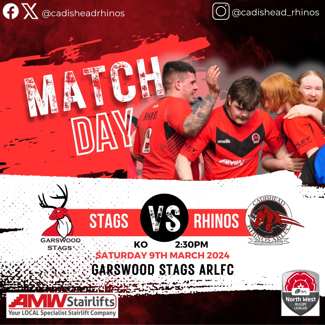 Our 1st league game of the 2024 season is almost here as we take on @GarswoodStagsRL this Saturday 🏉🦏 

GARSWOOD STAGS vs CADISHEAD RHINOS
Garswood Stags ARLFC
Billinge Road
Ashton in Makerfield
WN4 0XD

@AMWStairlifts 
#321Rhinos
#CommunityClub
#rugbyleague