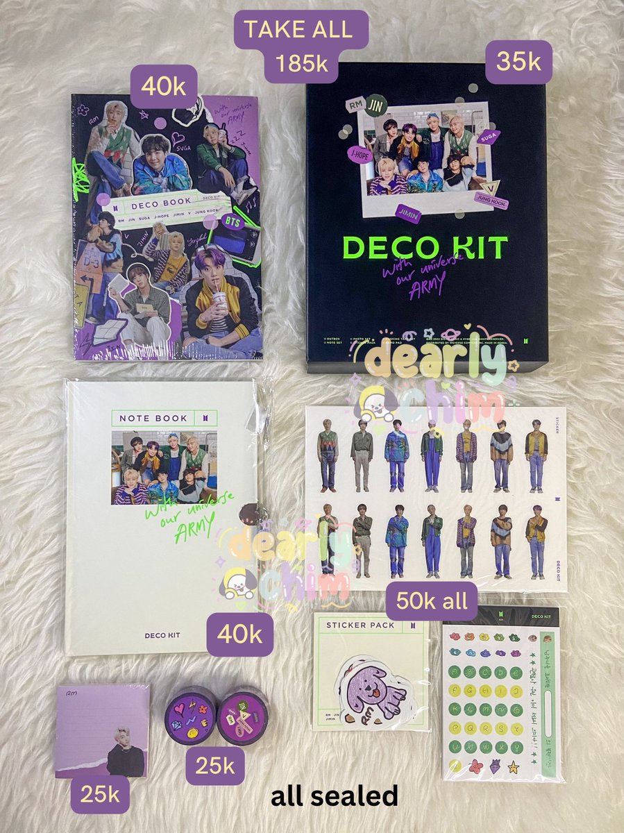 [ WTS / WANT TO SELL ]
deco kit bts
🗯️ outbox
🗯️ deco book
🗯️ note book
🗯️ memopad
🗯️ masking tape
🗯️ sticker pack

price on pict, TAKE ALL ONLY 185k

✅ keep event with dp
✅ shopee exc adm
📍 jatim, ina