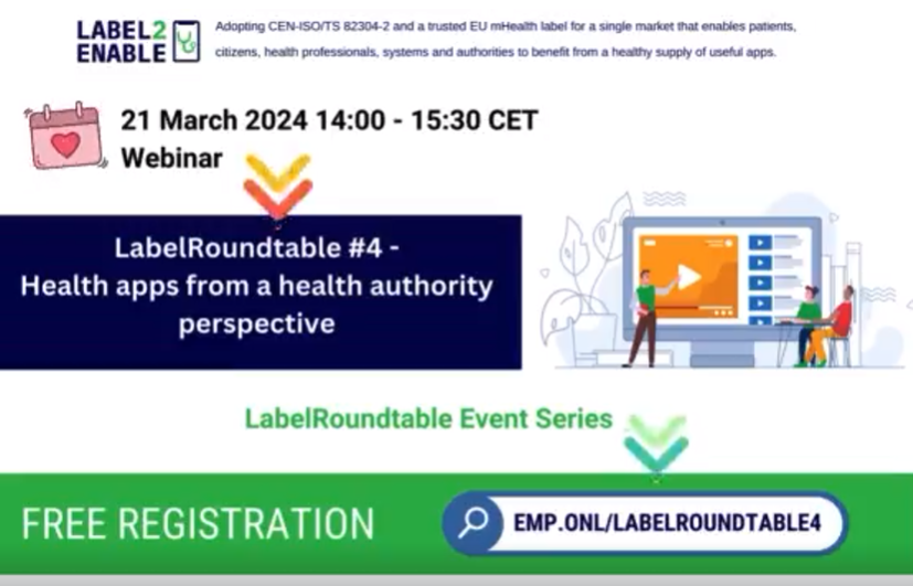 📣El 21 de març la @CPratdepadua, responsable d'Actius Digitals de la Fundació, participarà al webinar 'Health Apps from Health Authority Perspective' en el marc del projecte @Label2E. Inscriu-te aquí 👉 emp.onl/labelroundtabl…