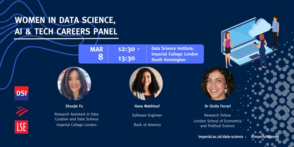 Don't forget to come along to our panel discussion tomorrow about Women in Data Science, AI & Tech Careers for #internationalwomensday👩‍💻 Hear from our fantastic panel from @imperialcollege @bankofamerica and our sister institute @LSEDataScience! imperial.ac.uk/events/174212/…