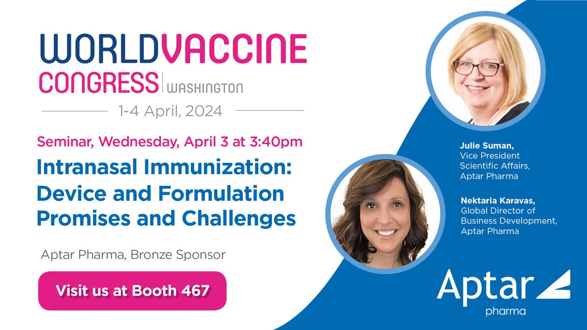 Join #AptarPharma at the #WorldVaccineCongress, Washington, DC. On April 3, Dr. Julie Suman & Nektaria Karavas will present the seminar “Intranasal Immunization: Device & Formulation Promises & Challenges.”#DrugDelivery #NasalDrugDelivery #IntranasalVaccines #Nasal #Vaccines