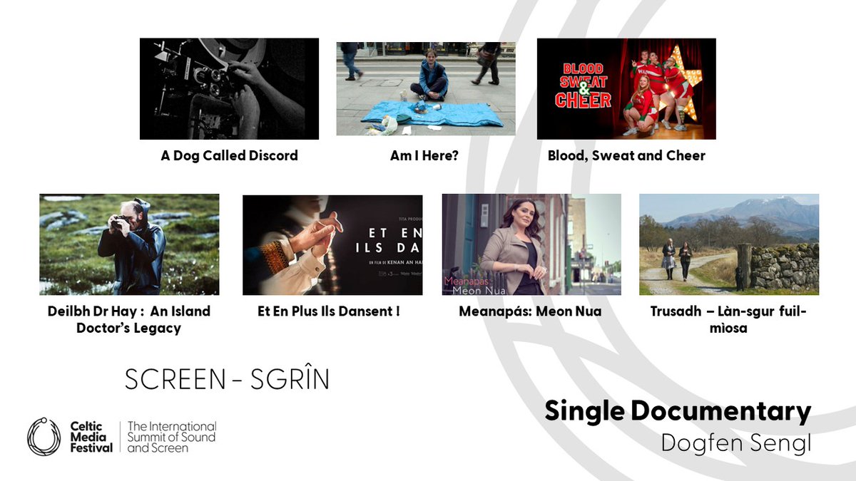 Nominees #SingleDocumentary ✨A Dog Called Discord ✨Am I Here? ✨Blood, Sweat and Cheer ✨Deilbh Dr Hay : An Island Doctors Legacy ✨Et En Plus Ils Dansent ! ✨Meanapás: Meon Nua ✨Trusadh – Làn-sgur fuil-mìosa #CelticMedia #TorcAwards