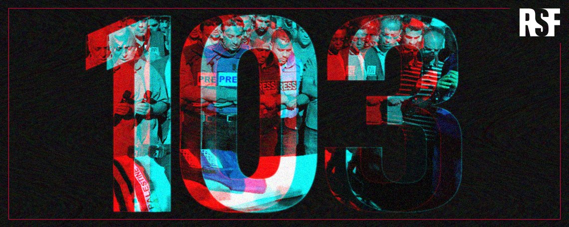 At least 103 journalists have been killed by Israeli strikes in #Gaza in the past five months, according to the tally compiled by <a href="/RSF_inter/">RSF</a>. 103 lives extinguished, missed by their loved ones, and 103 professionals, missed by the right to information. We reiterate our urgent