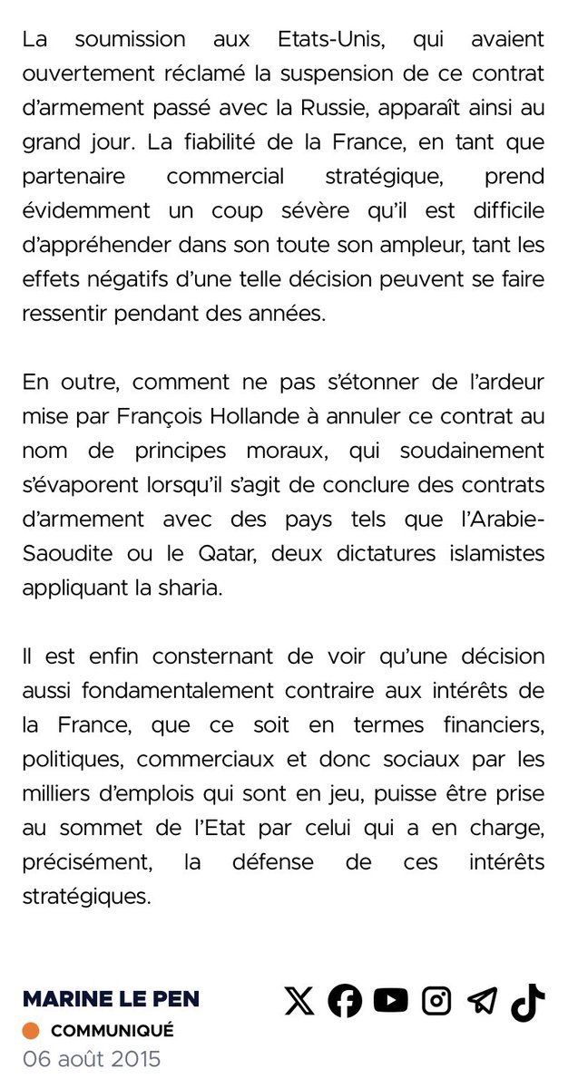 .<a href="/sebchenu/">Sébastien Chenu</a>, vice-président du <a href="/RNational_off/">Rassemblement National</a> a effrontément menti lors de son entretien sur <a href="/TF1/">TF1</a> ce matin. Dois-je rappeler que j’ai comme Président de la République annulé la vente à la Russie des Mistral en 2015, alors même que <a href="/MLP_officiel/">Marine Le Pen</a> et son parti considéraient que