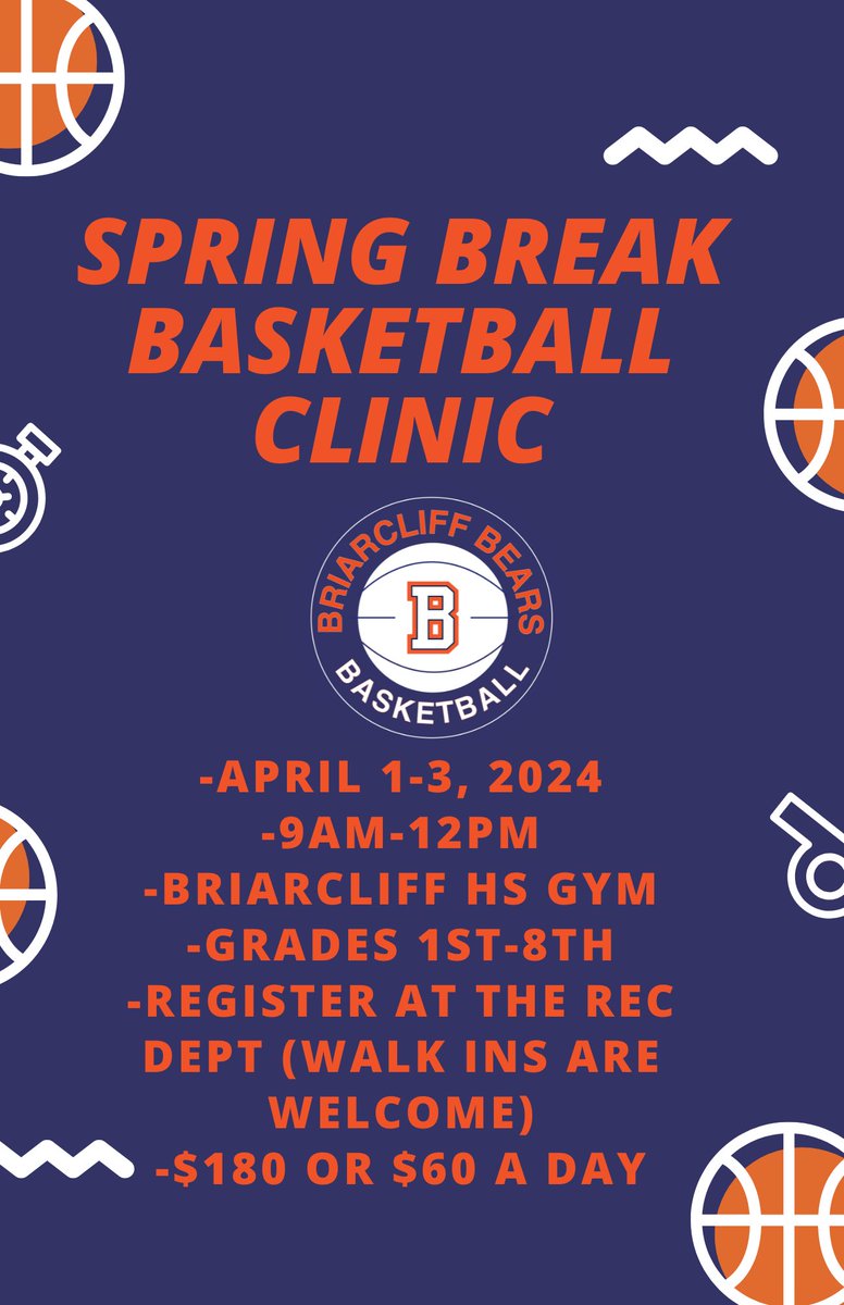 Come work on your game at our Spring Break clinic! 
@Bcliff_6th_man @cdrops3 @BriarcliffHS_PE