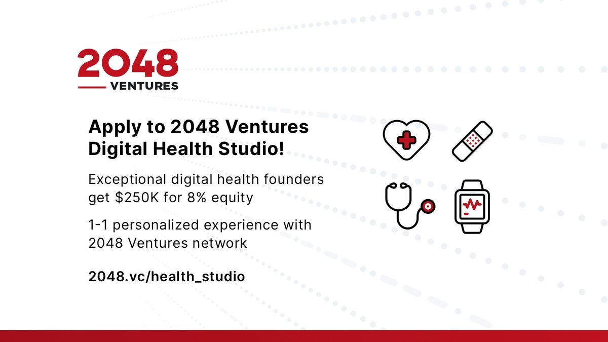 2048 Ventures 🧬 🤖 ⚙️ (@2048vc) on Twitter photo 🗣️ Attention: Digital Health Founders!
Are you building a DAY ZERO startup? Apply by March 20th for the opportunity to participate in <a href="/2048vc/">2048 Ventures 🧬 🤖 ⚙️</a> Digital Health Studio.
Apply here: 2048.vc/apply_health_s…
We offer $250K 💰 for earliest-stage startup teams ready to roll up their 🗣️ Attention: Digital Health Founders!
Are you building a DAY ZERO startup? Apply by March 20th for the opportunity to participate in <a href="/2048vc/">2048 Ventures 🧬 🤖 ⚙️</a> Digital Health Studio.
Apply here: 2048.vc/apply_health_s…
We offer $250K 💰 for earliest-stage startup teams ready to roll up their