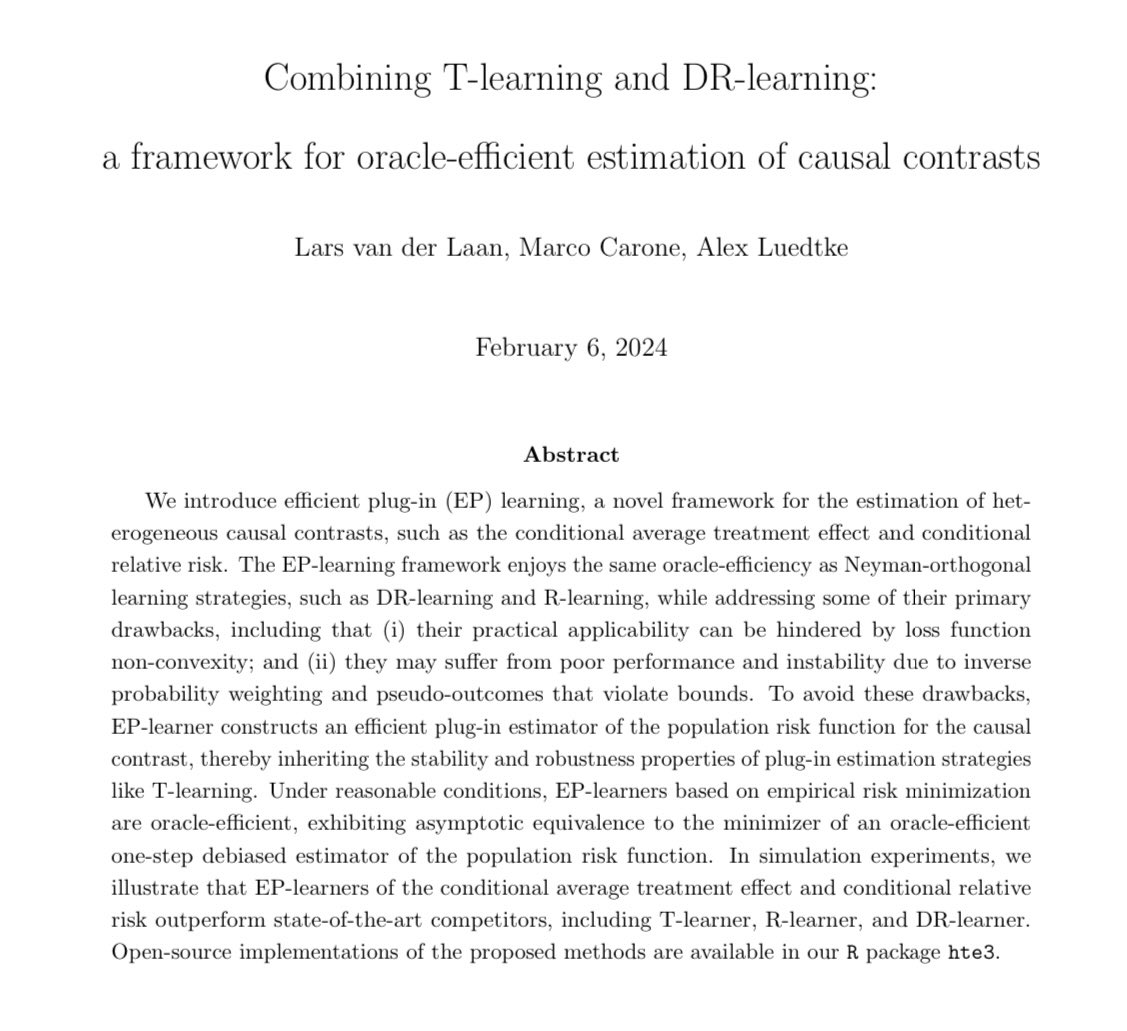Introducing Efficient Plug-in Learning for HTEs!

EP-learner solves two issues with orthogonal learning:

1.Extreme pseudo-outcomes lead to bound-violating predictions

2.Loss functions can be nonconvex

We establish oracle bounds! (Not quasi)

arxiv.org/pdf/2402.01972…