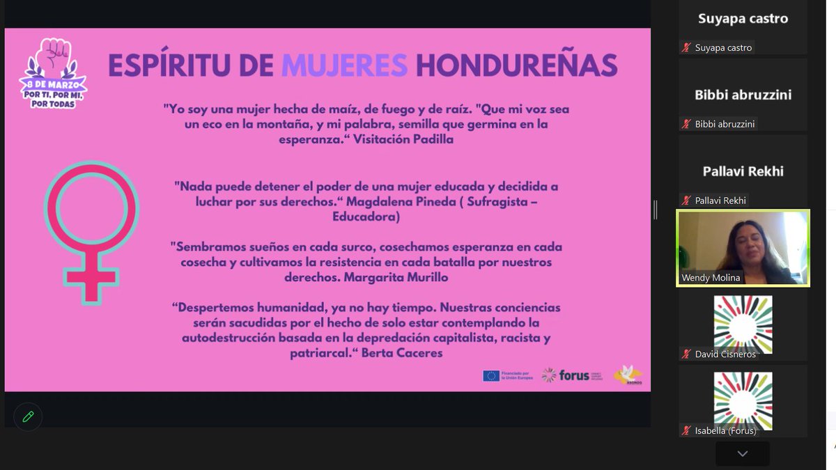 Forus_Int's tweet image. 🙌#MemberTalks @AsonogOficial presentando hoy a otros miembros de Forus su campaña 8 de Marzo Por ti, Por Mi, Por Todas y compartiendo las palabras de mujeres activistas de Honduras sobre el significado de ser mujer y defensora de los derechos. #8M2024