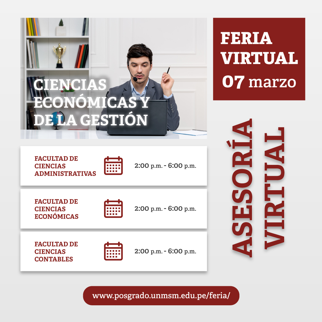 𝐅𝐞𝐫𝐢𝐚 𝐕𝐢𝐫𝐭𝐮𝐚𝐥 #POSGRADO #UNMSM ¡𝐄𝐒 𝐇𝐎𝐘, 𝐄𝐒 𝐇𝐎𝐘! Seguimos con el Área de Ciencias Económicas y de la Gestión  ¡Te esperamos! 
Únete aquí posgrado.unmsm.edu.pe/feria/
Envíanos tus datos al siguiente link: bit.ly/ADMISION24I-DG…  para poder enviarte la información.