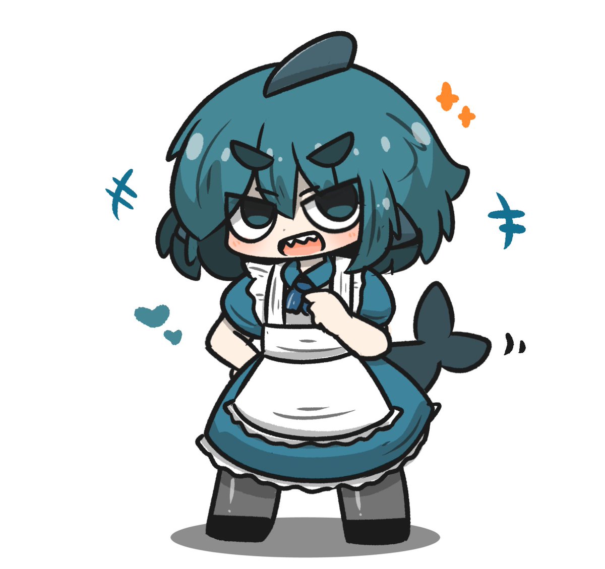 1girl sharp teeth solo blue hair thick eyebrows shark tail apron  illustration images