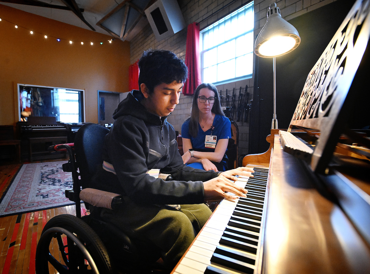 Therapy team takes patient on a trip to Indy music studio - This determined 14-year-old practices his wheelchair skills while feeding his passion for music production. tinyurl.com/ypak7hc9