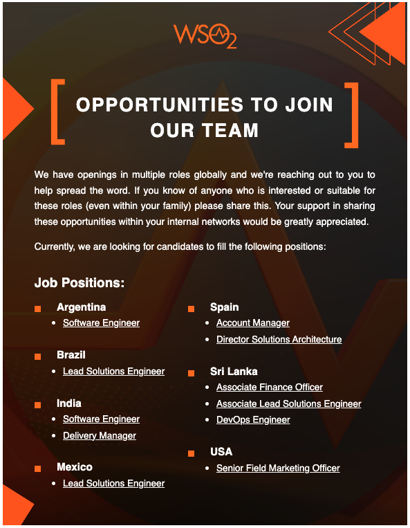 WSO2 <a href="/wso2/">WSO2</a> has some open positions. See wso2.com/careers to apply!