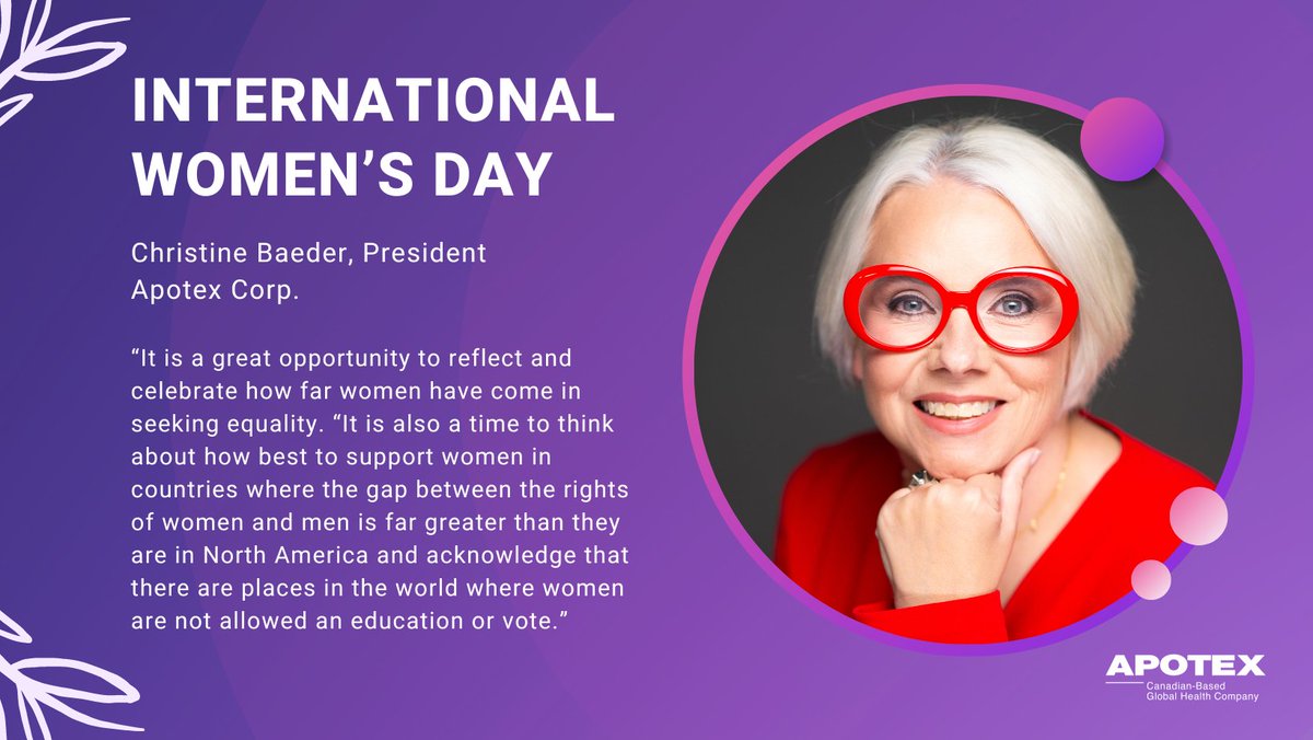 In continuing to learn about the significance of #IWD for our Executive Leadership Team, we asked Christine Baeder, President of Apotex Corp., to share what this day means to her. She believes that International Women’s Day is a great opportunity to reflect and celebrate how far…