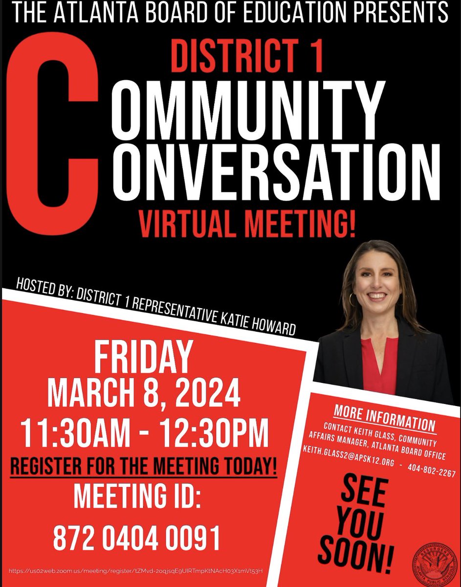 Join your District 1 Representative, Katie Howard for a virtual community meeting happening Friday, March 8, 2024, from 11:30am – 12:30pm. Register in advance for this meeting! us02web.zoom.us/meeting/regist…