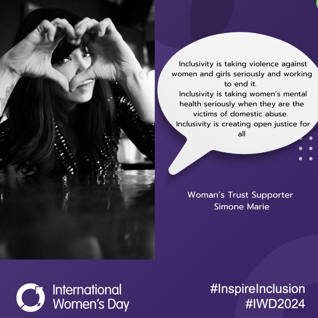 For #IWD2024 we asked our supporter @simonemarie4  what inclusivity means to her. 'Taking women's mental health seriously whey they are victims of domestic abuse.'
Thank you Simone Marie.
 #EndVAWG #Mentalhealth #domesticabuseawareness #openjusticeforall