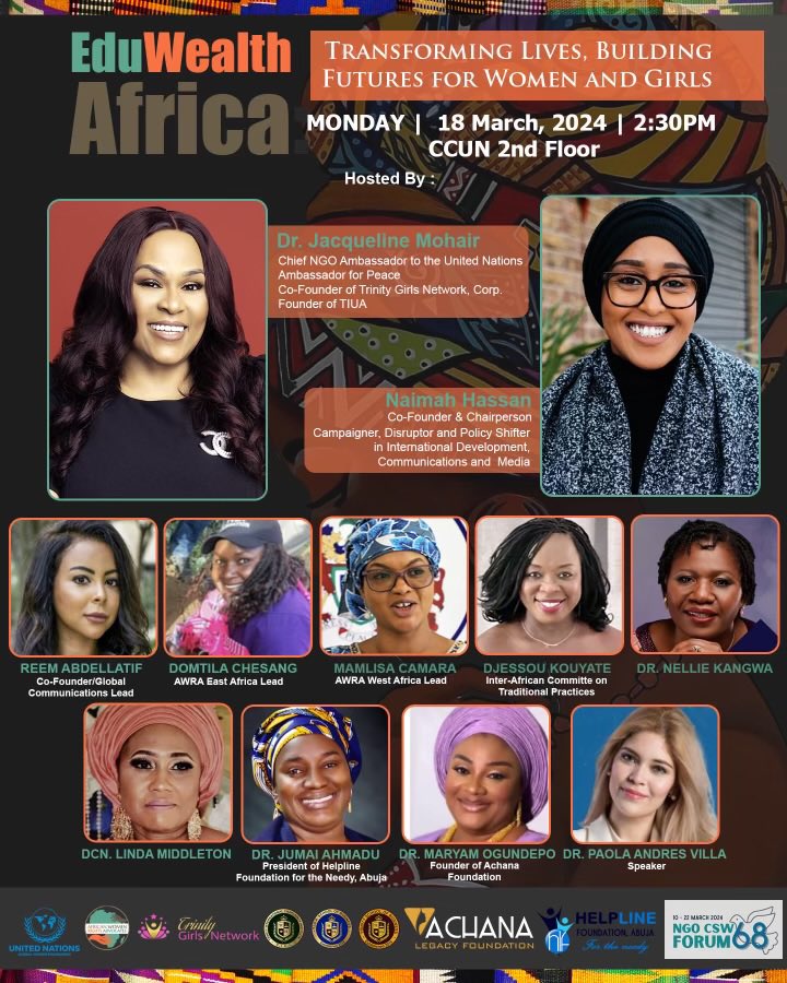 ➡️ In partnership with the Trinity Girls Network, AWRA will hold a dialogue on Transforming Lives & Building Futures for Women & Girls. We will discuss ways to foster connections, share insights & promote initiatives that champion women's rights in Africa. 🗓️ March 18th @ 2:30pm