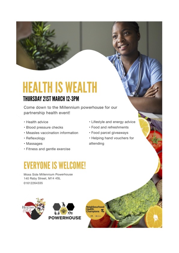 📢 Health is Wealth 💙 🗓Thursday 21st March, 12-3pm 📌Moss Side Powerhouse, Raby Street M14 4SL ⚕️Health advice 🩺Blood pressure checks ☮️Reflexology and massage 🔋Lifestyle and energy advice ❤️Free food and refreshments, food parcels and helping hand vouchers for all you 🌟