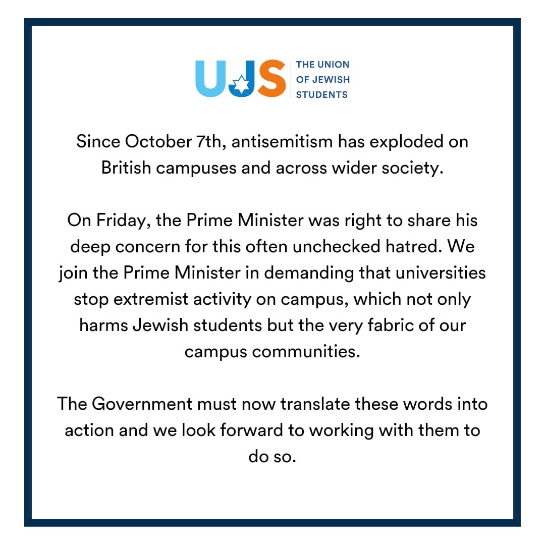 We join the Prime Minister ⁦⁦@RishiSunak⁩ in demanding that universities stop extremist activity on campus. The Government must now translate these words into action.