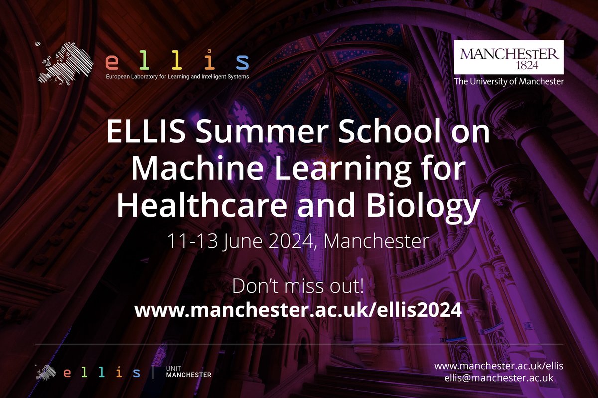 Mark your calendars (11-13 June) and secure your tickets for the ELLIS #SummerSchool on #MachineLearning for Healthcare and Biology hosted by our #ELLISUnit in Manchester! #AI #PhD #ELLISPhD #ML All details: idsai.manchester.ac.uk/connect/events…