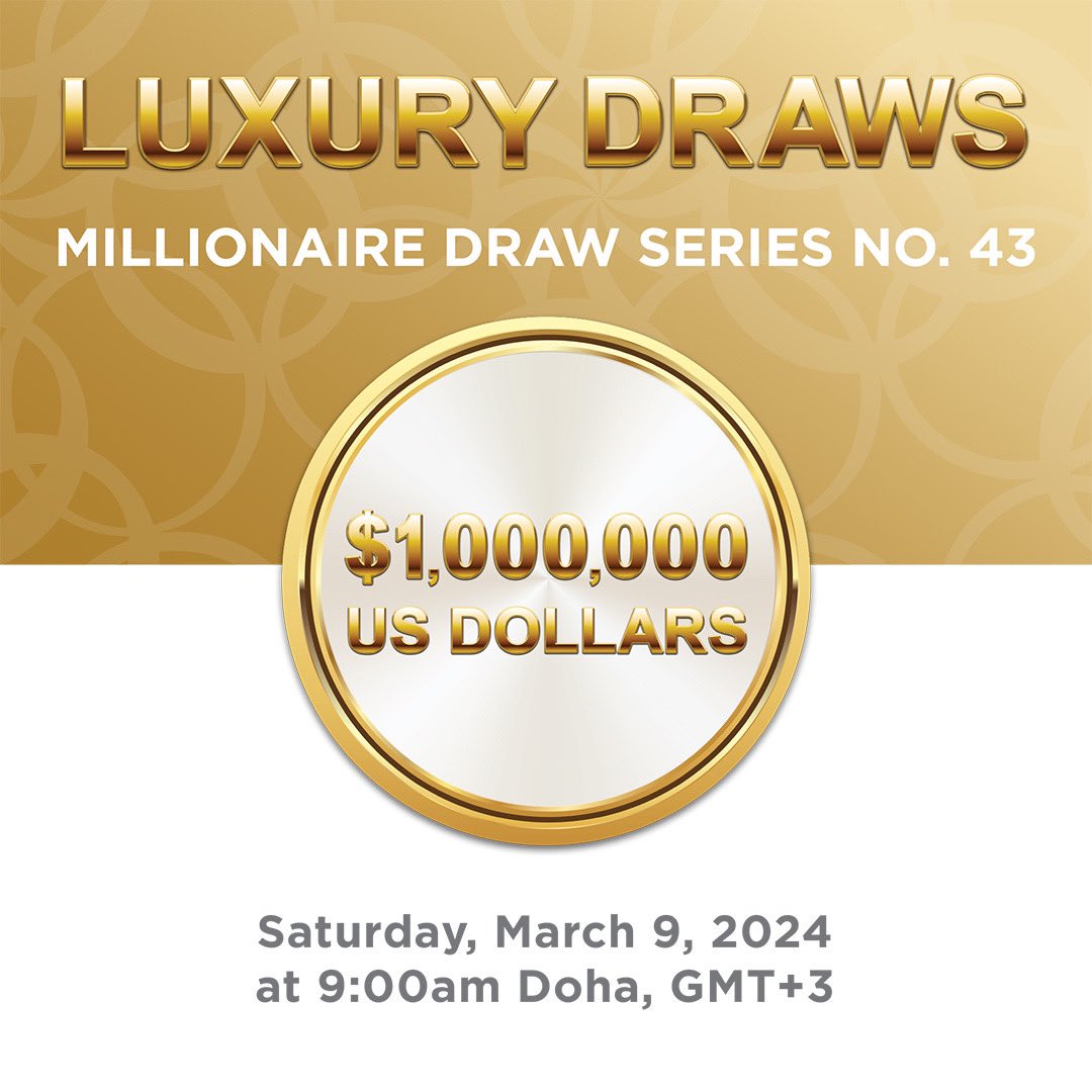 💸Millionaire raffle draw alert❗️💸 Join us Saturday, 9 March at 9:00am Doha time (GMT+3) as we livestream the latest Millionaire draw series no 43! 💲Will you be the new millionaire?💲 #qatardutyfree #winwithqdf #luxurydraw #qatar #millionaire