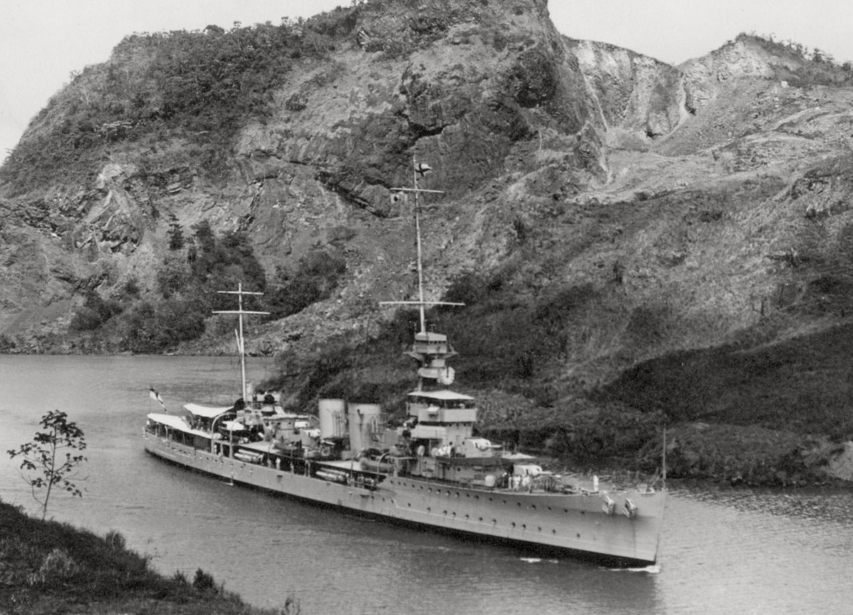Date: February 07, 1928. Location: 09°06'42" N, 79°42'01" W. Event: Flagship of the Royal Navy's America and West Indies Station, light cruiser Despatch is transiting the Panama Canal on her way to Valparaíso. Current status: Scrapped in 1946-47, lifespan of 29 years.