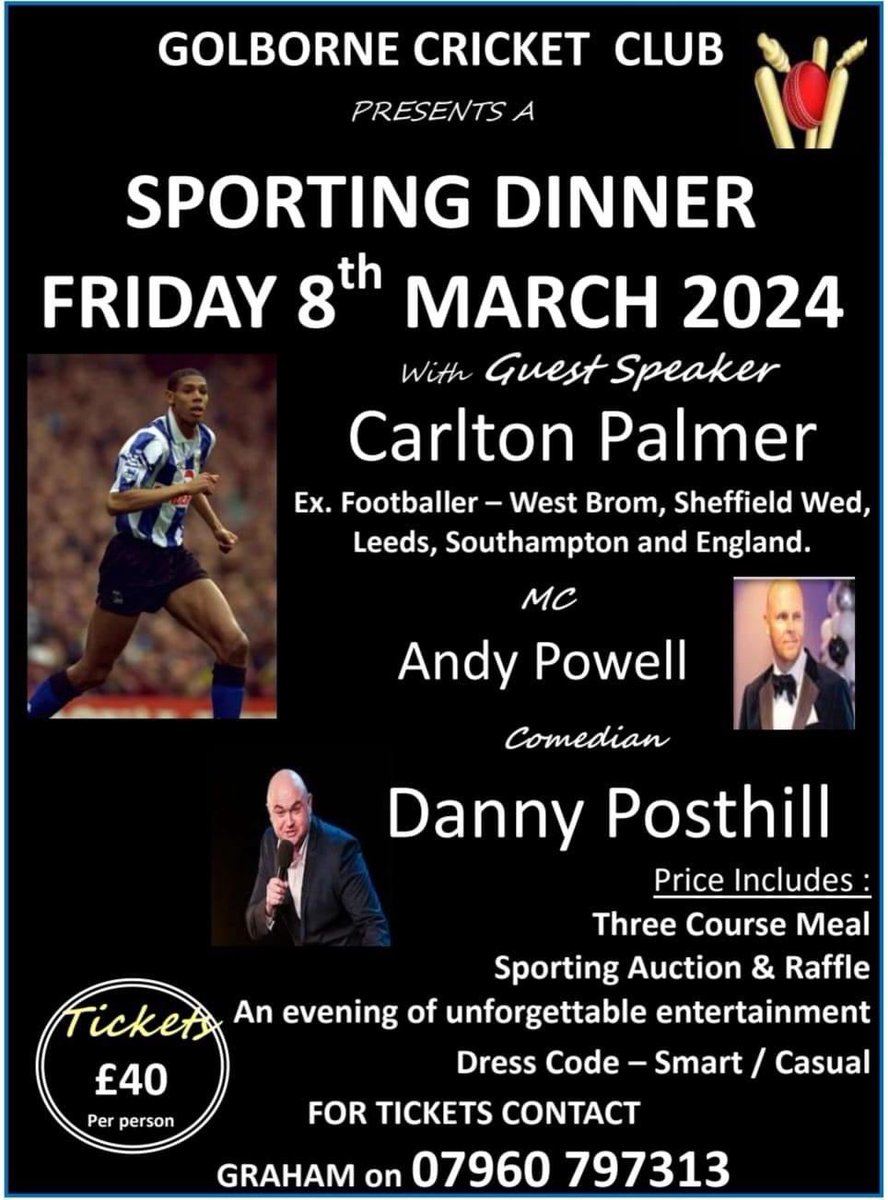 This Friday is our annual sportsman’s dinner with guest speaker @CarltonPalmer We’re looking forward to what will be a great evening. Very few tickets are left if anyone requires plans for Friday!
