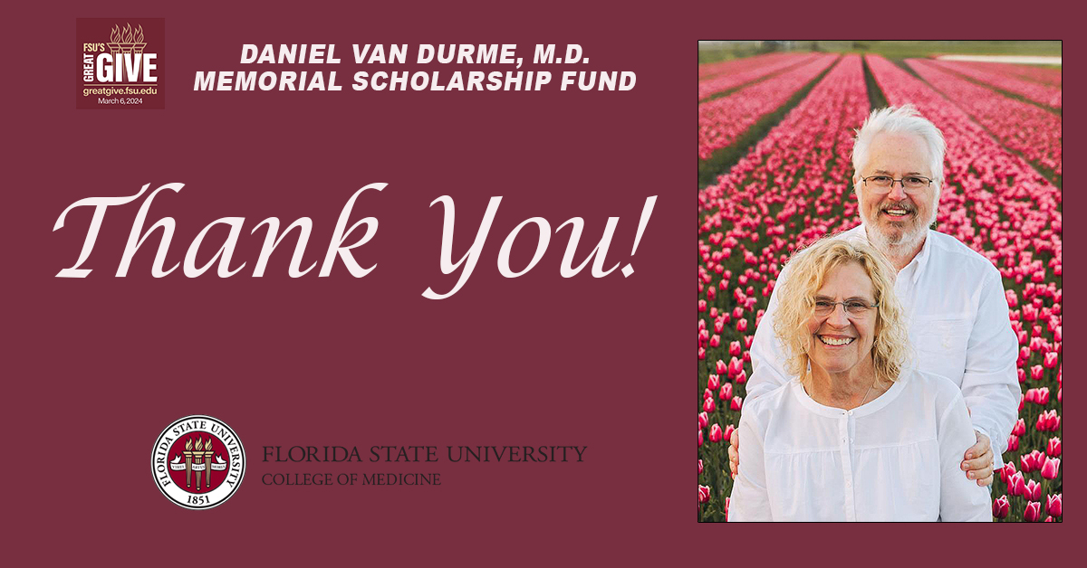 With our heartfelt gratitude for supporting @FSUGreatGive and the 𝗗𝗮𝗻𝗶𝗲𝗹 𝗩𝗮𝗻 𝗗𝘂𝗿𝗺𝗲, 𝗠.𝗗. 𝗠𝗲𝗺𝗼𝗿𝗶𝗮𝗹 𝗦𝗰𝗵𝗼𝗹𝗮𝗿𝘀𝗵𝗶𝗽 𝗙𝘂𝗻𝗱 we are thrilled to share that $20,020 was raised to be used to train compassionate physicians for generations to come!