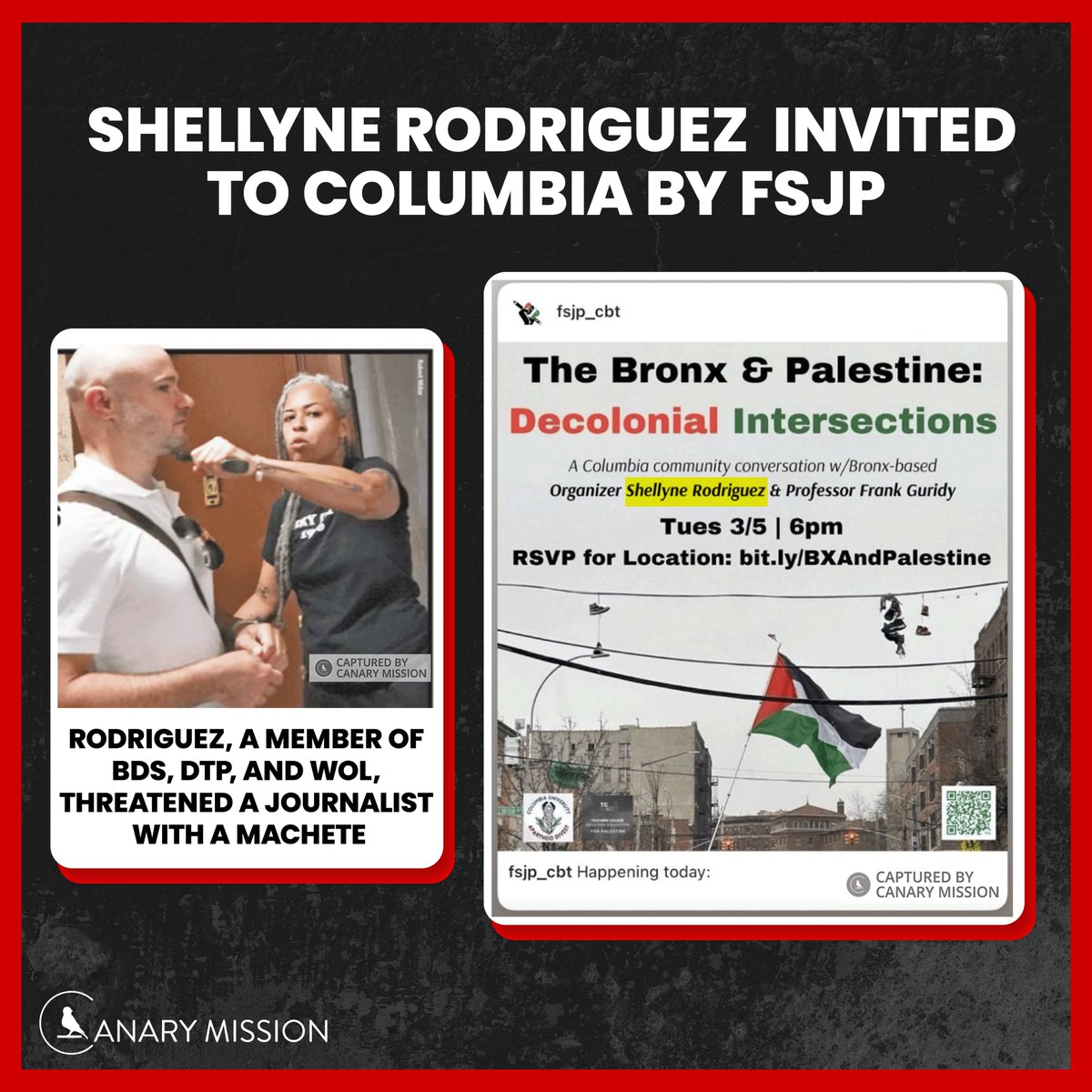 You might think threatening a reporter w/ a machete might land you in jail. NOPE! For fired antisemitic @cooperunion prof Shellyne Rodriguez (who compared Zionists to cockroaches) that behavior garners an invitation to @Columbia by @Fsjp_cbt canarymission.org/professor/Shel…
H/T…