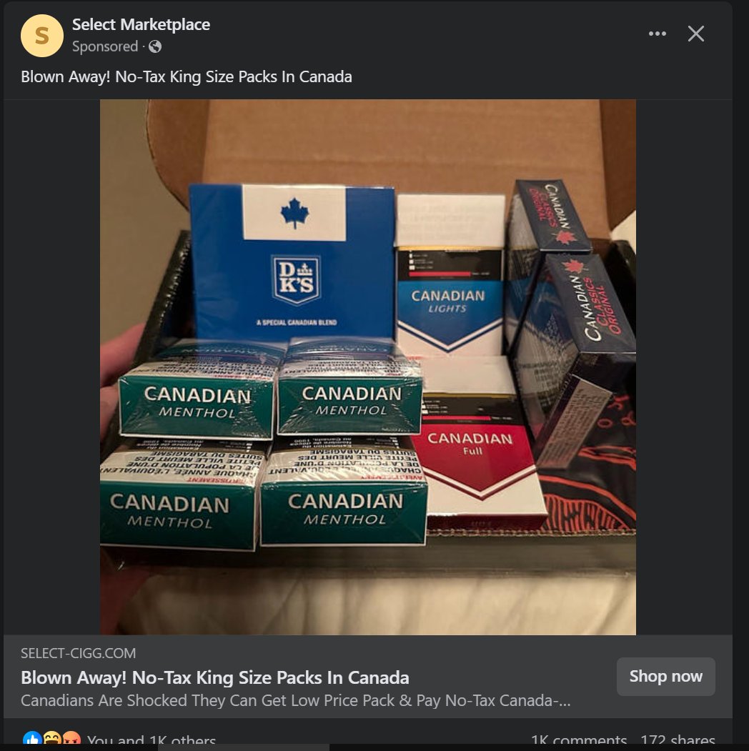 I thought advertising tobacco in Canada was illegal? Zuck's META doesn't seem to think so...🤮major fail!
#Cigaretteskill #Tobaccokills #FacebookKills #cdnpoli