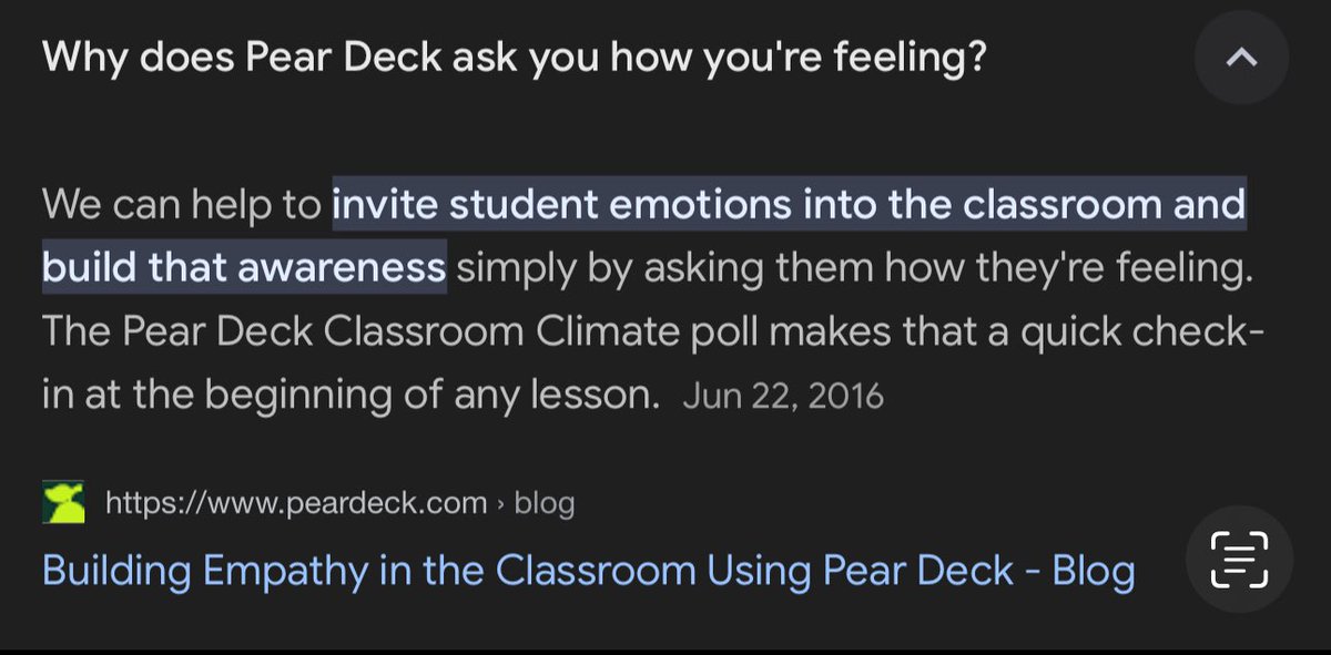 Schools cannot stop asking our kids about their feels. 8th grade -Peardeck used for slideshow notes and gauging feelings every time you open platform. How many apps do this ? How many times a day are they being asked about their feelings? What is the data for?