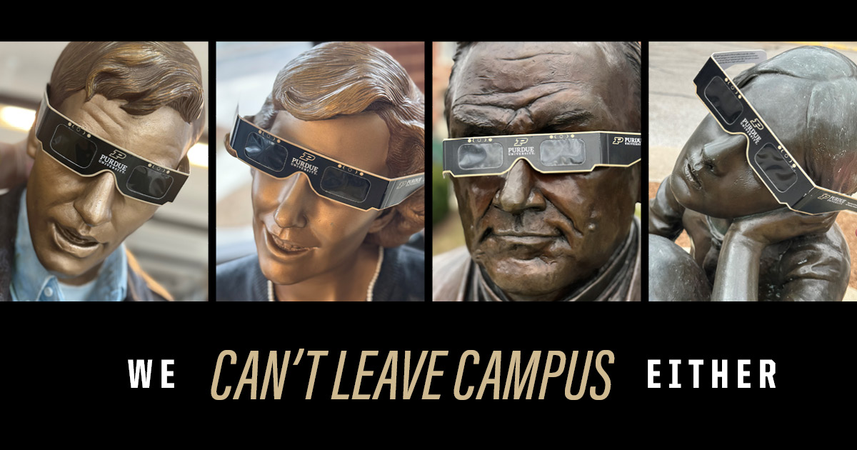 Everyone should try to get to an area of #totality for the Apr. 8 #SolarEclipse (go to @IMS!). But not everyone can leave campus. If you can't, we're here for you. Join us at the Engineering Fountain starting at 1:45. We have 2,024 glasses to give away for safe viewing. #boilerup