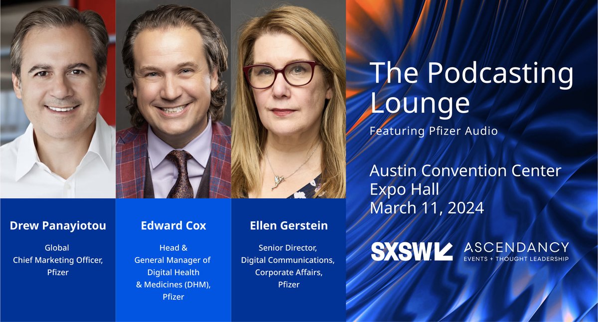 Mark your calendars 🗓️! We are speaking at The Podcasting Lounge 🎙️ at #SXSW on March 11. Stop by and listen to three sessions live from the podcasting stage starting at 10:00AM CT. Check out the full agenda here: on.pfizer.com/43a10ac