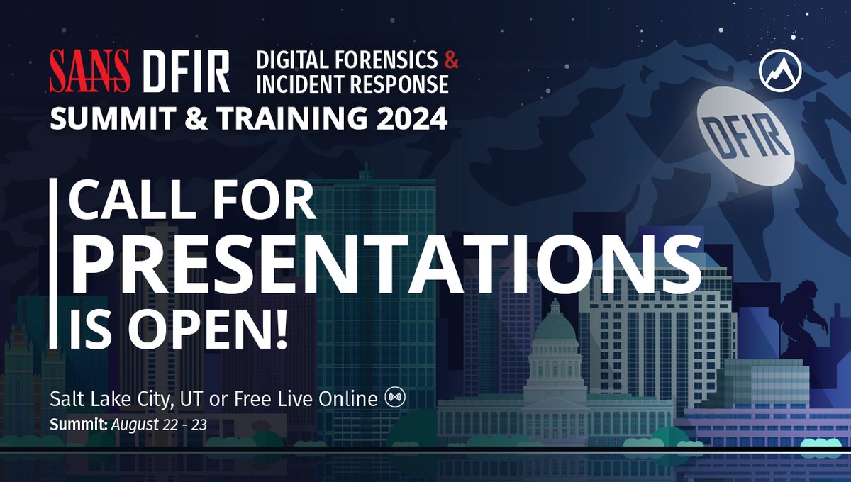 📣 The SANS #DFIRSummit Call for Presentations is OPEN! Do you have a story to tell, a tool that you created, or a lesson you’ve learned that the greater #DFIR community should hear about? If so, this is the event to share it! ➡️ Learn More: sans.org/u/1tKy