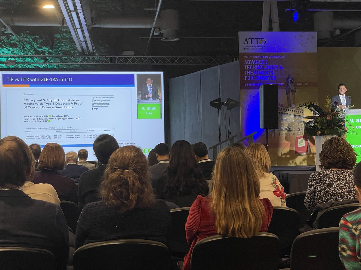 Dr. Shah showed the results of our recent study to use #tirzepatide , a dual GIP/GLP1 agonists in people with #obesity and #type1diabetes . Great improvements in A1c, TIR and TITR and decrease in insulin use. More study results will follow in ADA. #ATTD2024