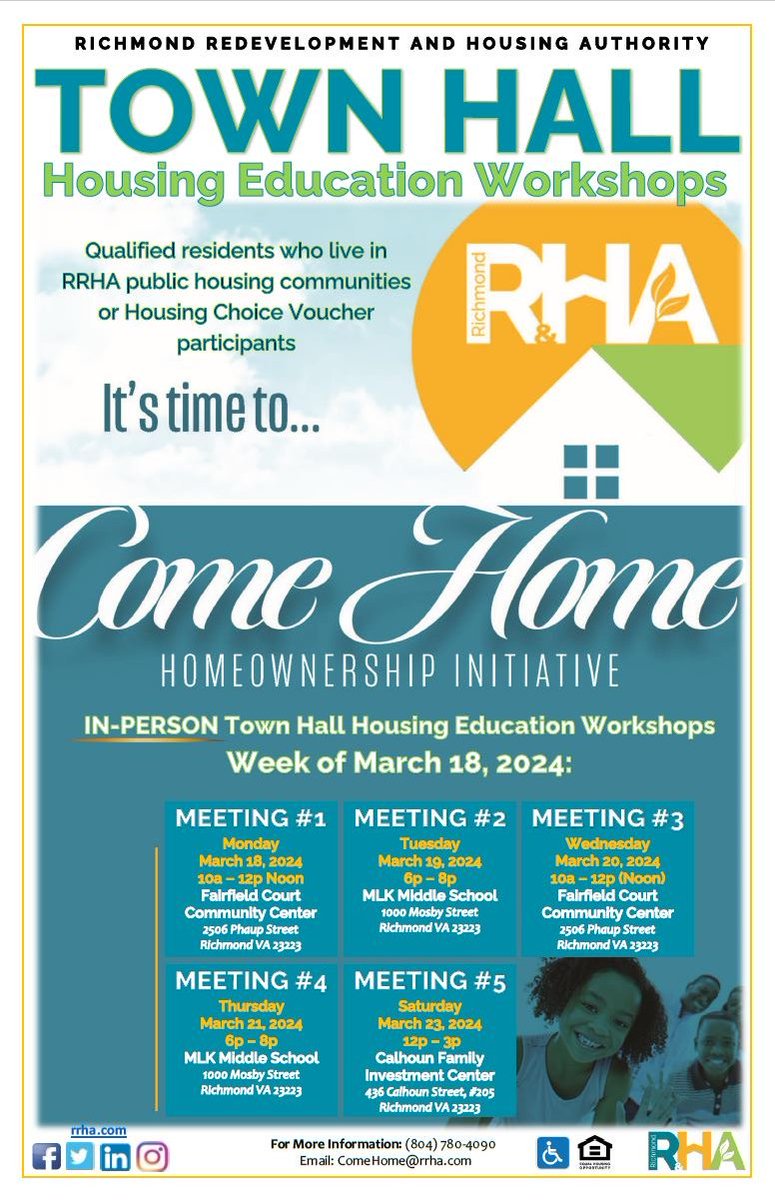 Public housing resident or RRHA voucher holder interested in qualifying for homeownership may attend 1 of 5 Housing Education Workshops during the week of March 18 for qualifications for RRHA's 'ComeHome' Homeownership Program. Visit rrha.com/housing/homeow… for more info.
