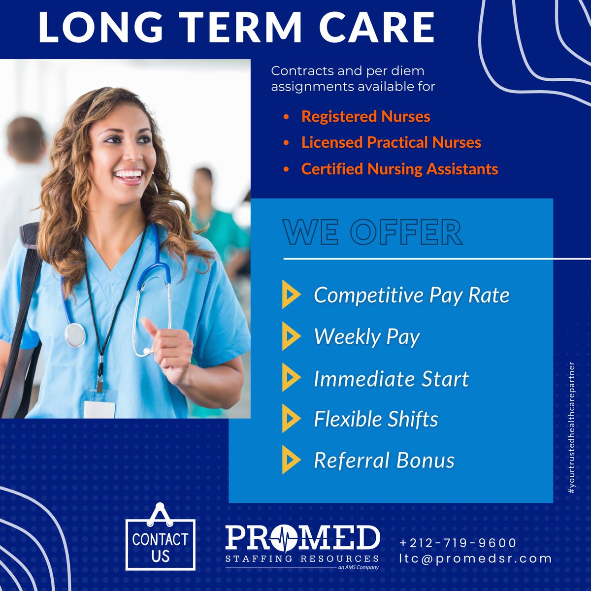 #RNs, #LPNs, and #CNAs, ProMed Staffing Resources is your gateway to exciting career #opportunities.  Embark on your next adventure by contacting us at ltc@promedsr.com or calling (212) 719-9600 Ext. 306 today.

#longtermcarefacilities #longtermcarerecruiting #promedsr #hiring