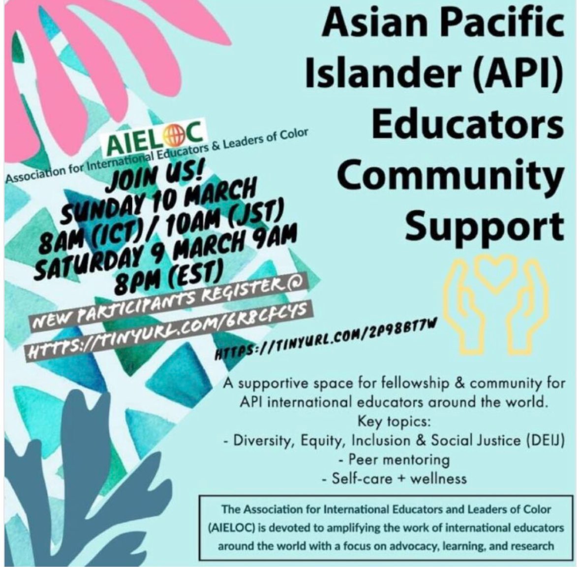 Do you self-identity as an Asian Pacific Islander International Educator? We are a diverse group of API folks who hold space for each other to discuss Identity and DEIJ in our schools! 

Join hosts <a href="/KanakoSuwa/">Kanako Suwa👩🏻‍🏫諏訪佳奈子</a> &amp; Aiko Yamakita on 10 March 8am Thailand 10am Japan time.  #affinity
