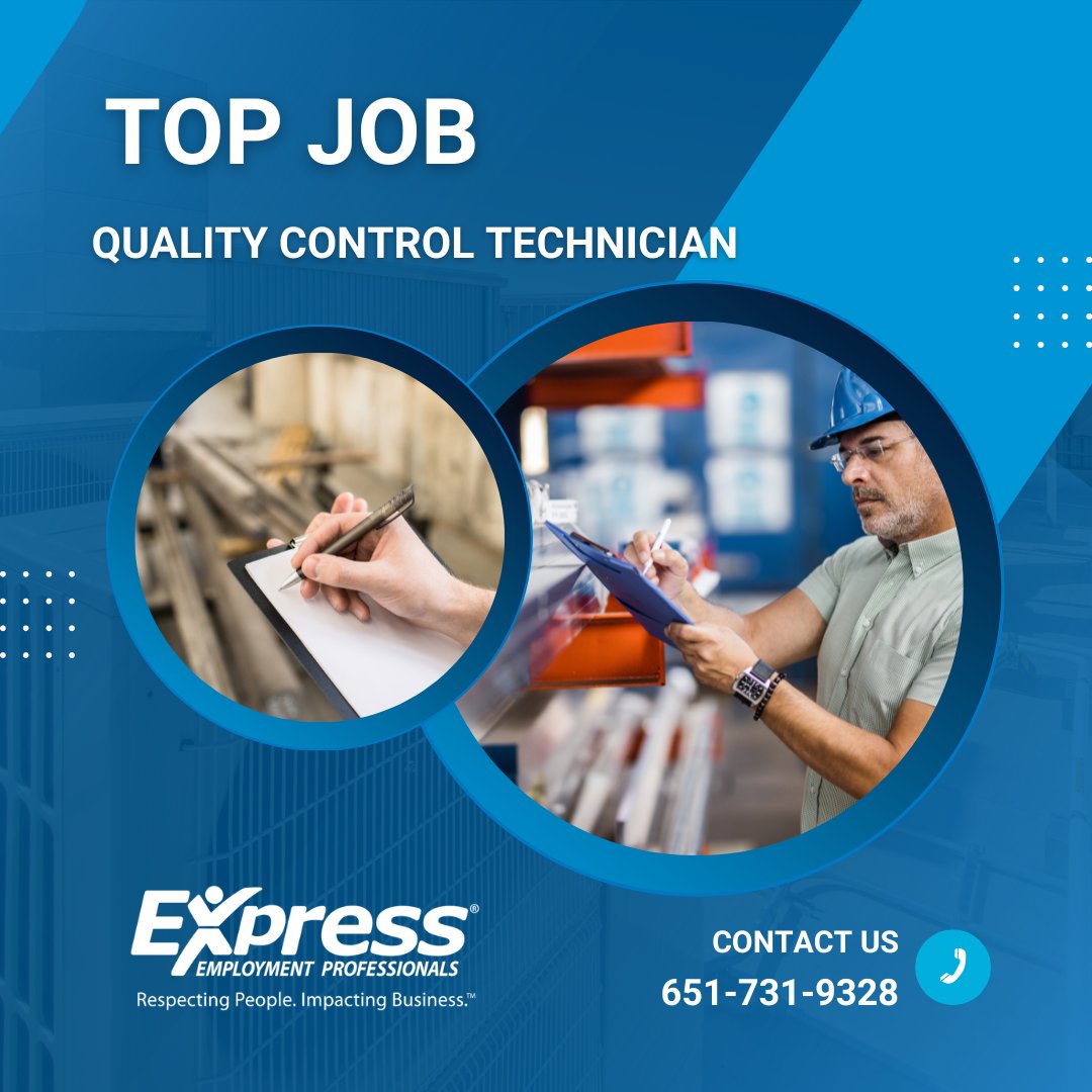 *Terrific Jobs Thursday*

Set the standard as a Quality Control Technician! You’ll be paid $22-28/h to inspect and maintain quality control of incoming parts and in-process and finished products, during a 7:30am-4:30 pm, Monday to... jobs.expresspros.com/job/14242713.

#WhiteBearLakeMN