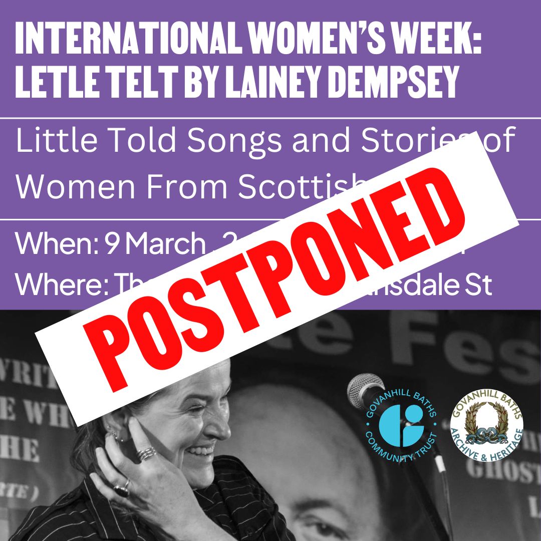 Govanhill Baths (@govanhillbaths) on Twitter photo Due to unforeseen circumstances we have had to postpone Letle Telt by Lainey Dempsey on Sat 9 March, 2pm - 5pm.
We hope to reschedule this event later in the year. If you have any queries, please contact our archivist and event organiser, Paula at archive@govanhillbaths.com. Due to unforeseen circumstances we have had to postpone Letle Telt by Lainey Dempsey on Sat 9 March, 2pm - 5pm.
We hope to reschedule this event later in the year. If you have any queries, please contact our archivist and event organiser, Paula at archive@govanhillbaths.com.