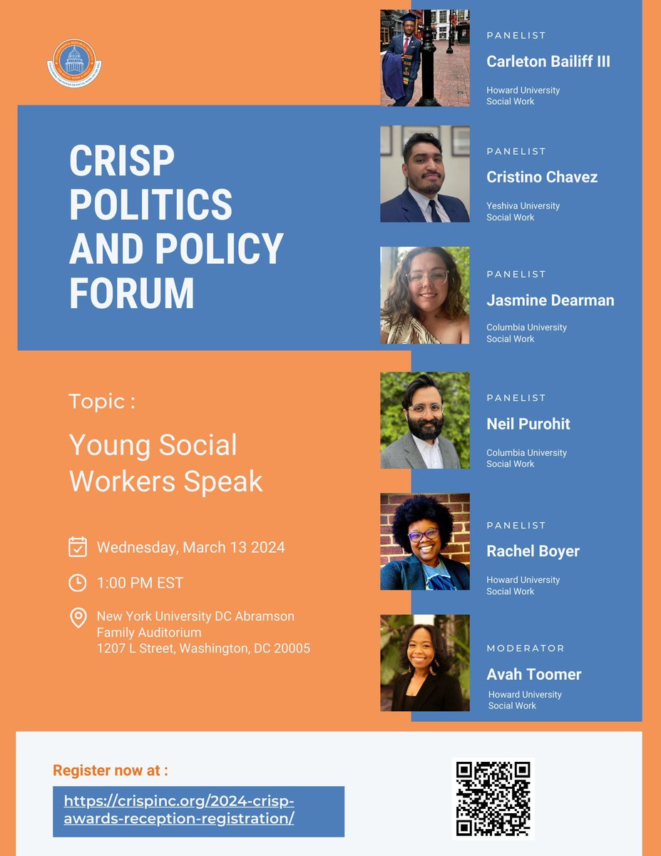 Join us on March 13th for Social Work Day on the Hill! Don't miss two panels on Shaping the Narrative for the 2024 Election, and Young Social Workers' perspectives. Scan the QR code to reserve your spot. See you there! #CRISP2024 #SWDOTH #Panel