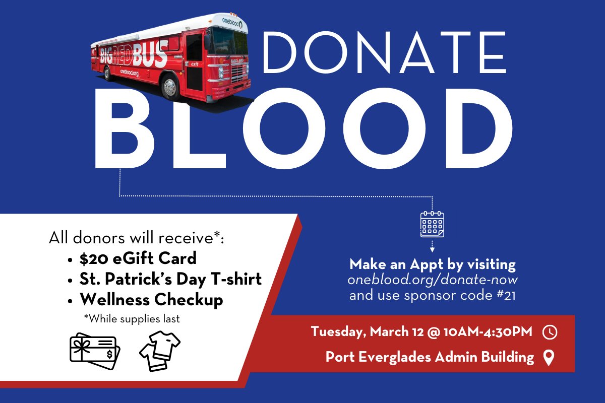 #Donateblood and help save lives! #OneBlood’s Big Red Bus will be at our #PortEverglades Administration Office, 1850 Eller Drive, Fort Lauderdale, from 10AM - 4:30PM on March 12th. Donors must have a state-issued ID to enter Port. Walk-ins are welcome. #BrowardCountyLife