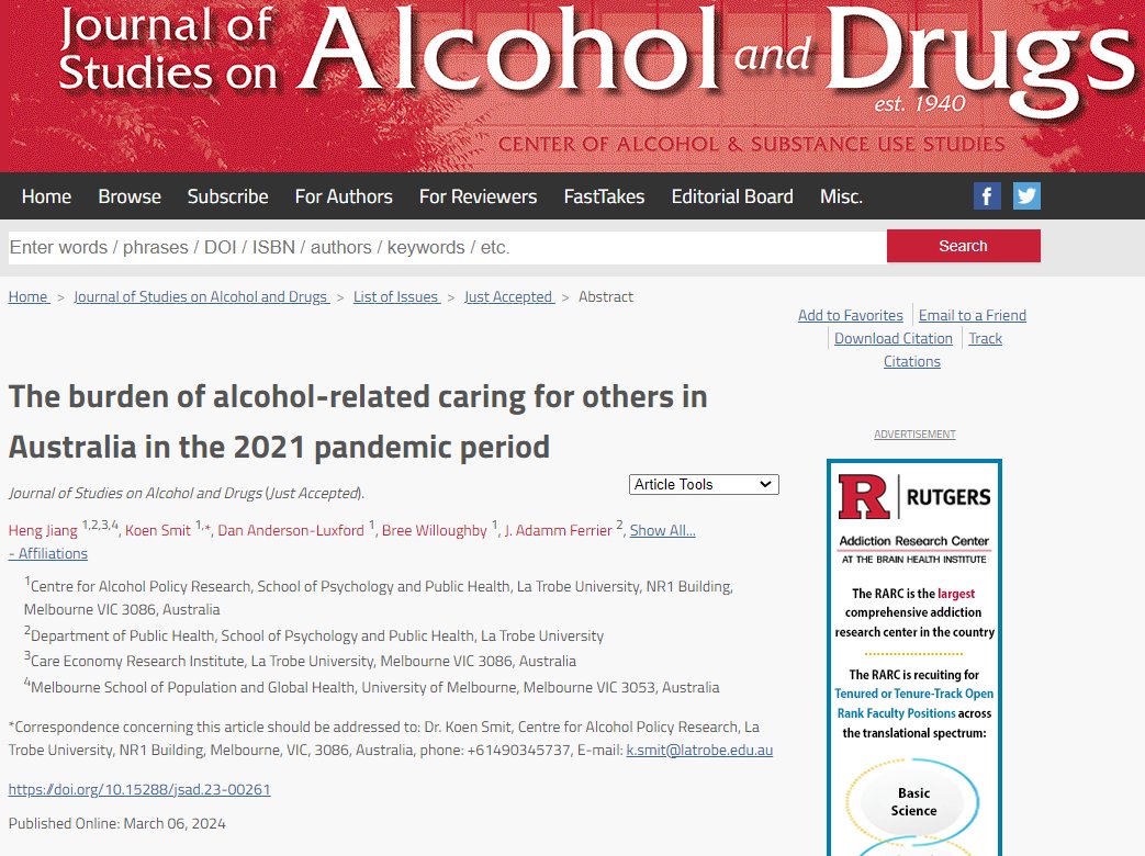 The burden of alcohol-related caring for others in Australia in the 2021 pandemic period (just accepted in @JSADjournal) @AndersonLuxford @AmanyTan @LaslettAM @CAPRAustralia @unimelbMSPGH jsad.com/doi/abs/10.152…