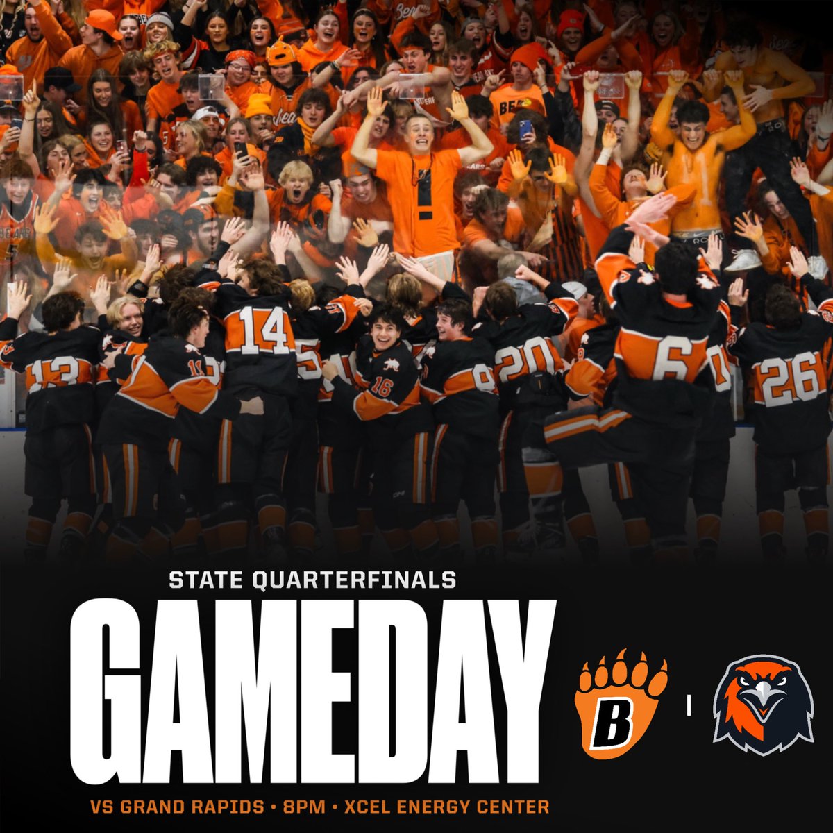 It’s Gameday. At the ❌. White out. Bears take on Grand Rapids tonight in the State Quarterfinals as the #4 Seed! 🚨TICKETS🚨 If you were not able to get a ticket, you are able to purchase Standing Room Only tickets starting at 5pm at the box office at the Xcel Energy Center