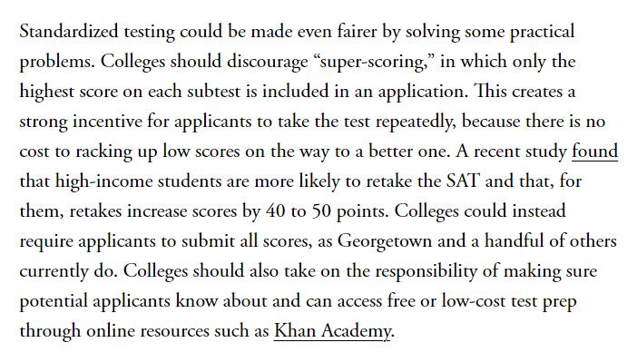 Great article by @ProfDavidDeming on how to better use standardized test scores in college admissions ('test-optional' ain't it). Cites our research that 'super-scoring', as many colleges do, exacerbates income gaps by encouraging excessive retaking. theatlantic.com/ideas/archive/…